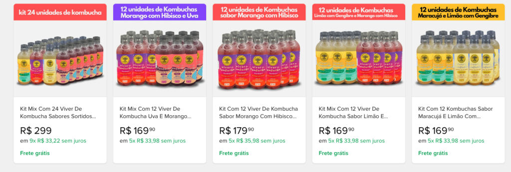 Temos vários sabores de kombucha pronta no Mercado Livre